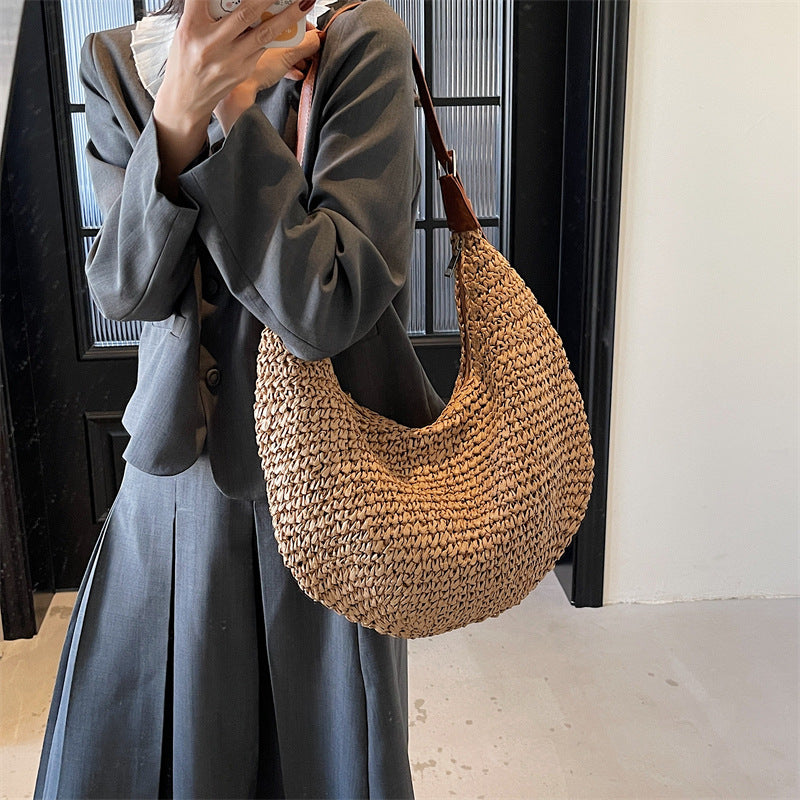 Woven Bag Women  Casual Large Capacity Handmade Straw Shoulder  Purse eprolo
