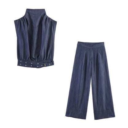 Rivet buckle top+wide leg pants set eprolo