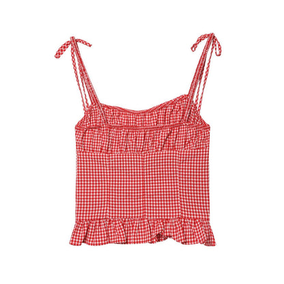 Round neck plaid pleated camisole top eprolo