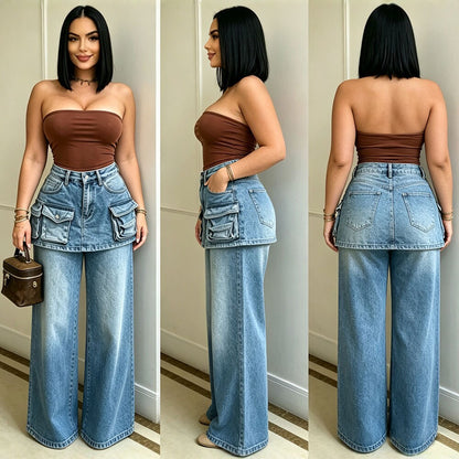 High-Waisted Wide-Leg Jeans for Women, Fashionable Multi-Pocket Faux Two-Piece Pants Skirt eprolo