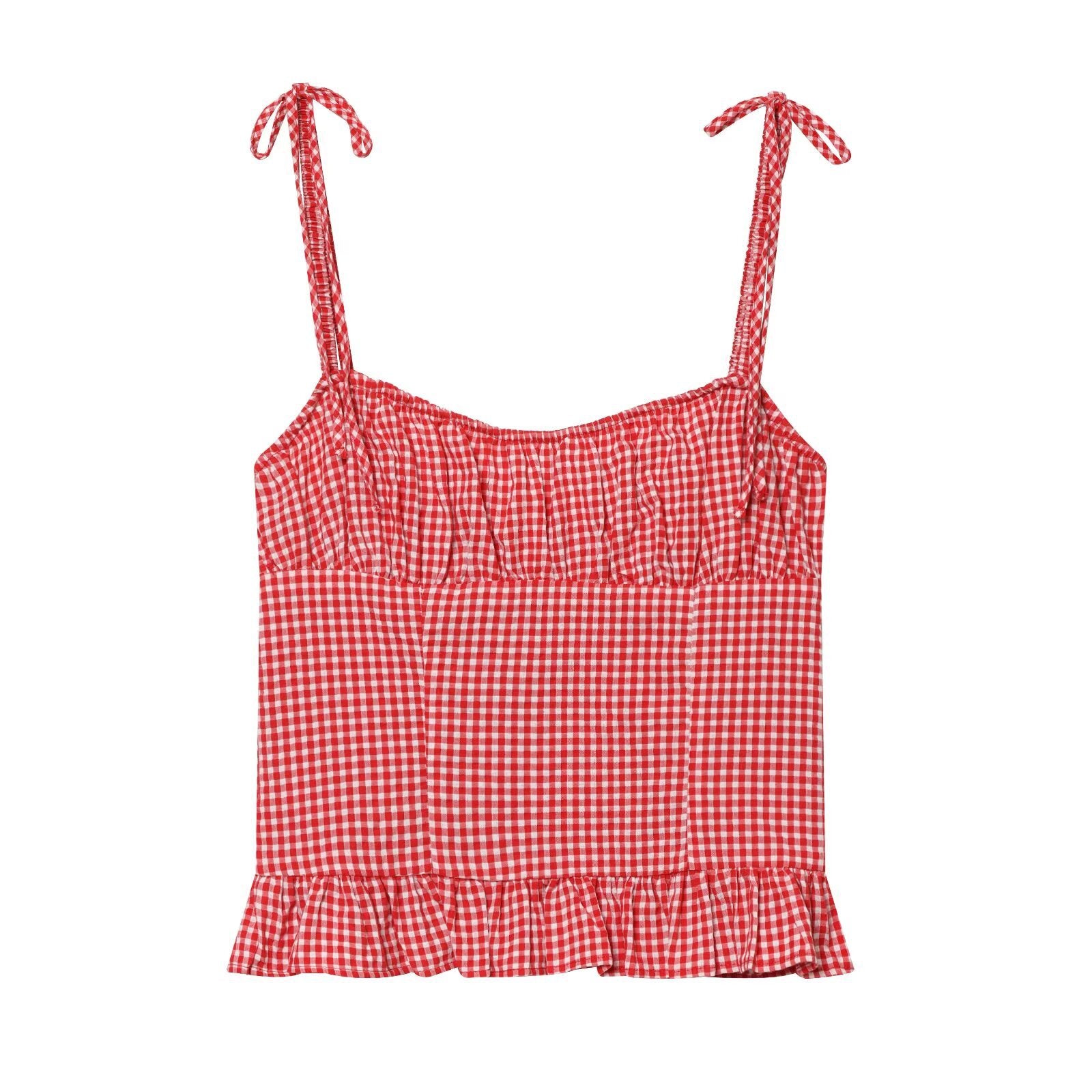 Round neck plaid pleated camisole top eprolo
