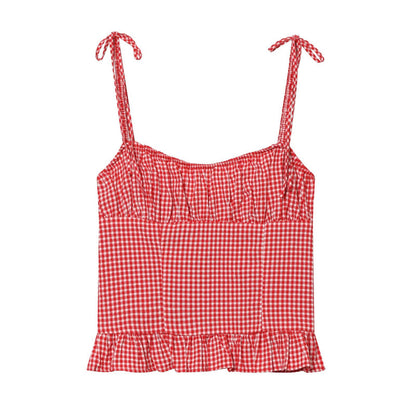 Round neck plaid pleated camisole top eprolo