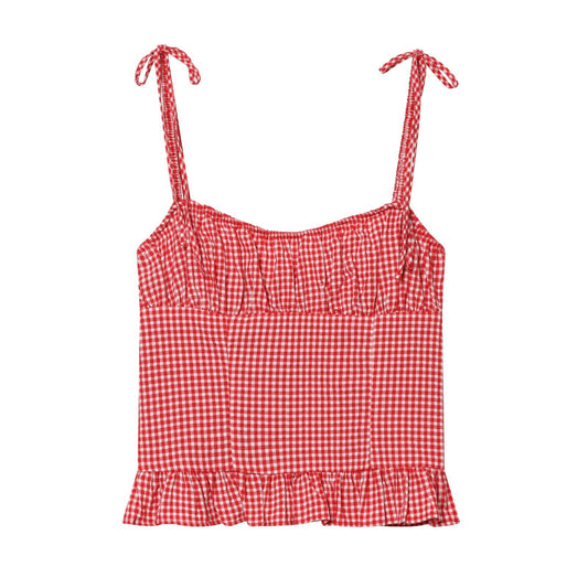 Round neck plaid pleated camisole top eprolo