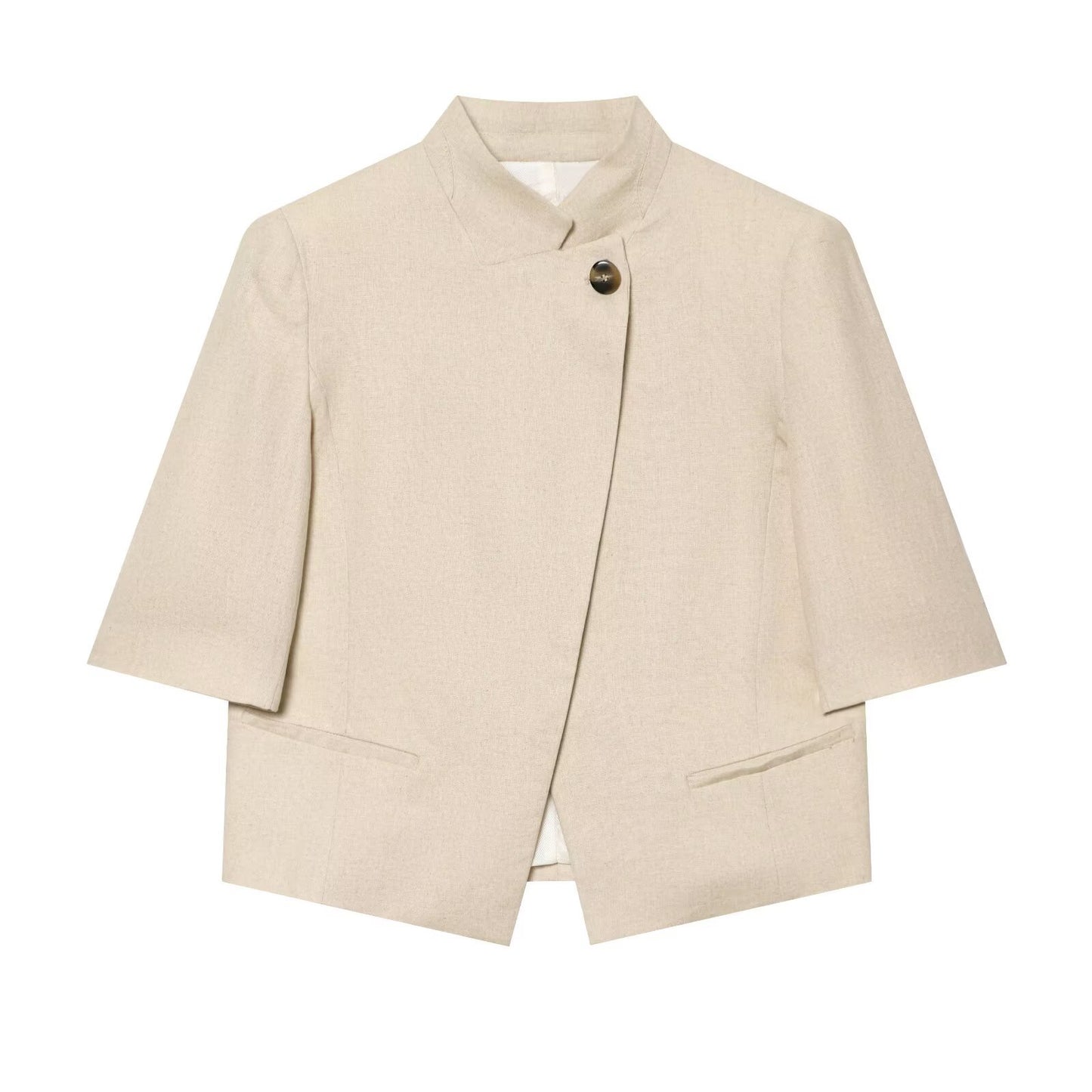Stand collar linen blend short sleeved suit jacket eprolo
