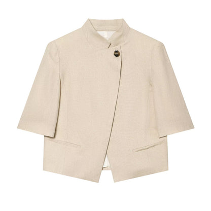 Stand collar linen blend short sleeved suit jacket eprolo