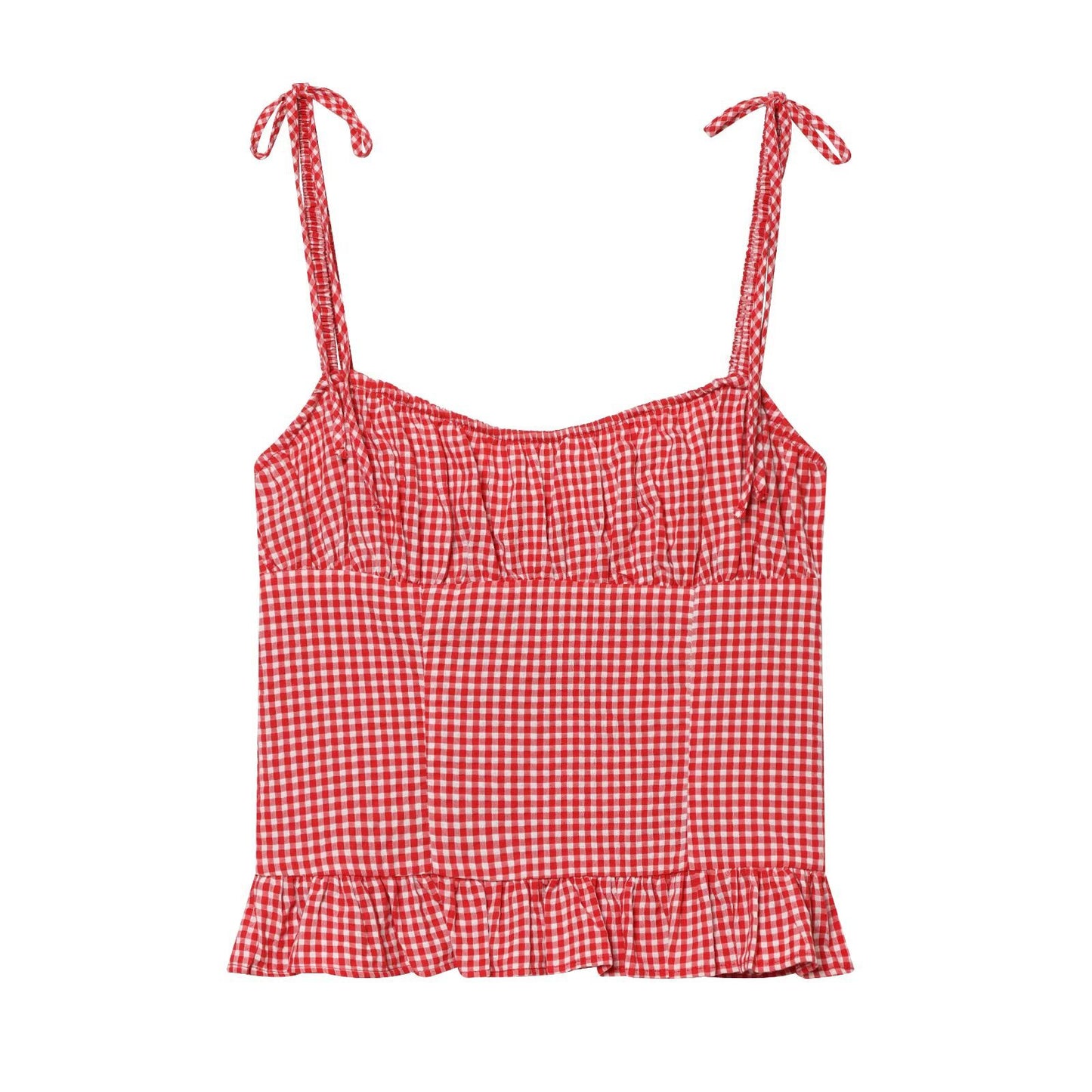 Round neck plaid pleated camisole top eprolo