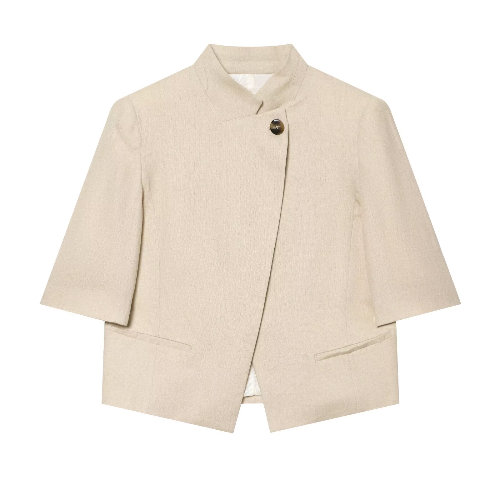 Stand collar linen blend short sleeved suit jacket eprolo