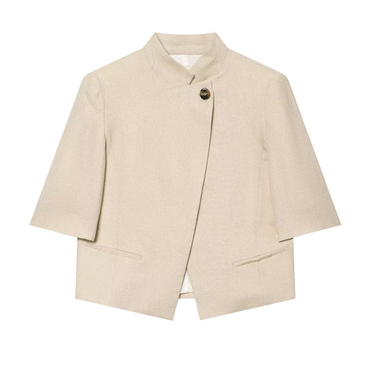 Stand collar linen blend short sleeved suit jacket eprolo