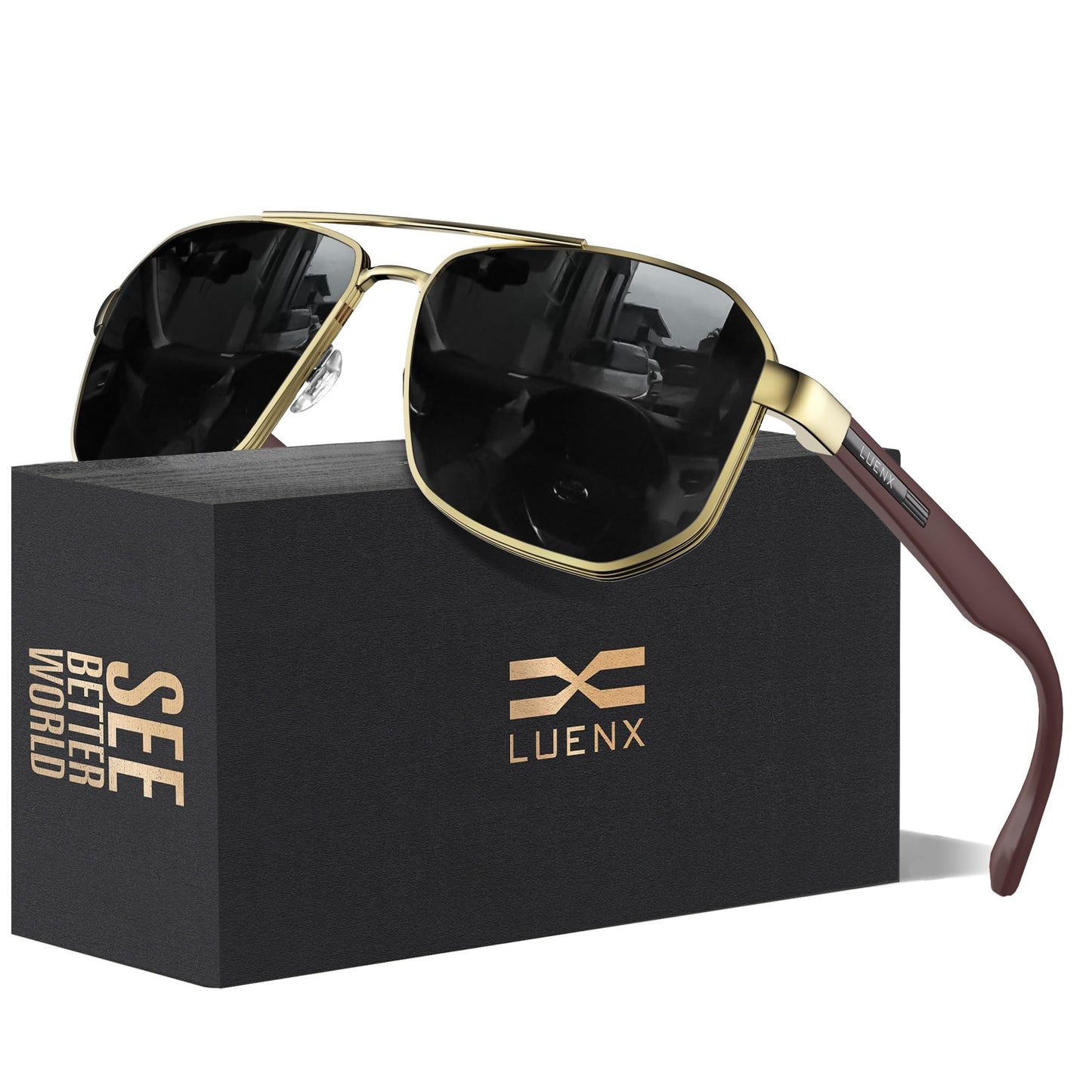 LUENX Aviator Sunglasses for Men Square Polarized Polygon Lens - UV 400 Protection with Accessories Driving Outdoor My Time My Money
