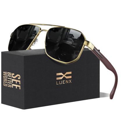 LUENX Aviator Sunglasses for Men Square Polarized Polygon Lens - UV 400 Protection with Accessories Driving Outdoor My Time My Money