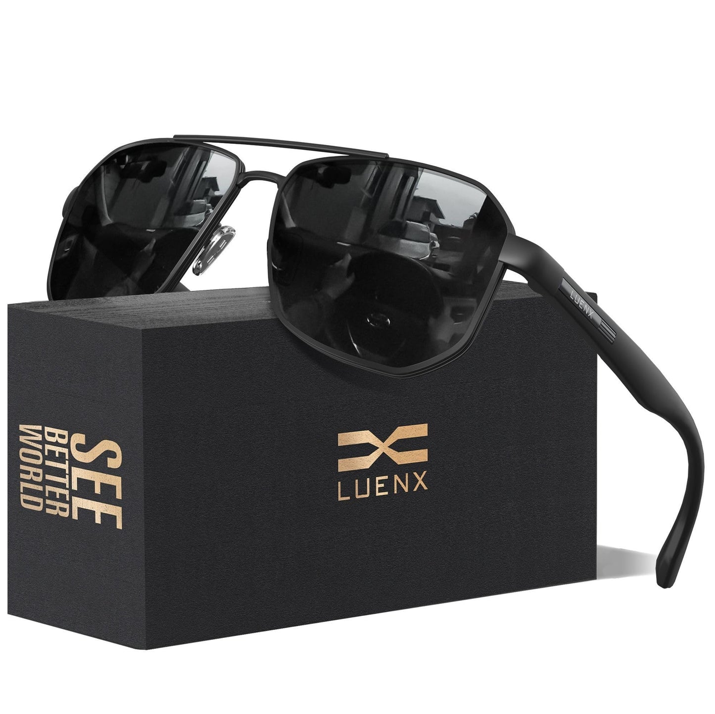 LUENX Aviator Sunglasses for Men Square Polarized Polygon Lens - UV 400 Protection with Accessories Driving Outdoor My Time My Money