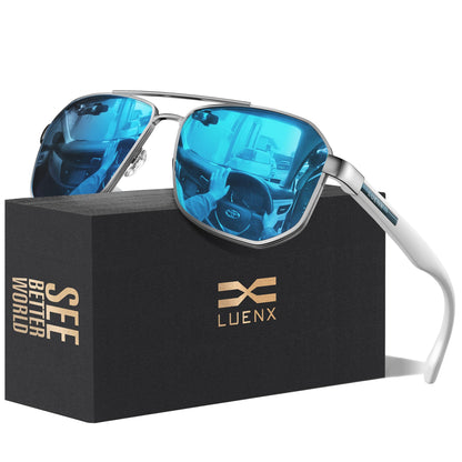 LUENX Aviator Sunglasses for Men Square Polarized Polygon Lens - UV 400 Protection with Accessories Driving Outdoor My Time My Money