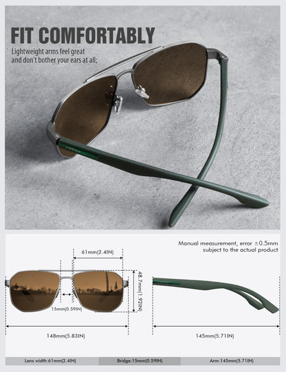 LUENX Aviator Sunglasses for Men Square Polarized Polygon Lens - UV 400 Protection with Accessories Driving Outdoor My Time My Money