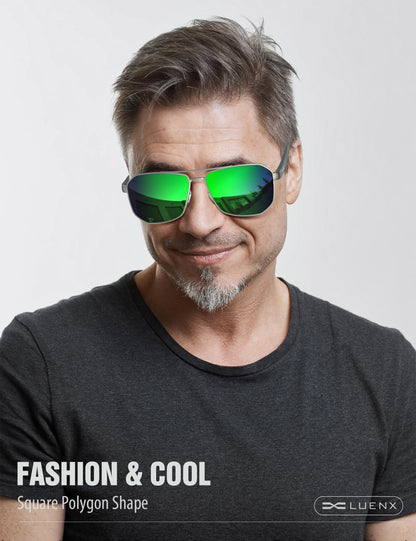 LUENX Aviator Sunglasses for Men Square Polarized Polygon Lens - UV 400 Protection with Accessories Driving Outdoor My Time My Money