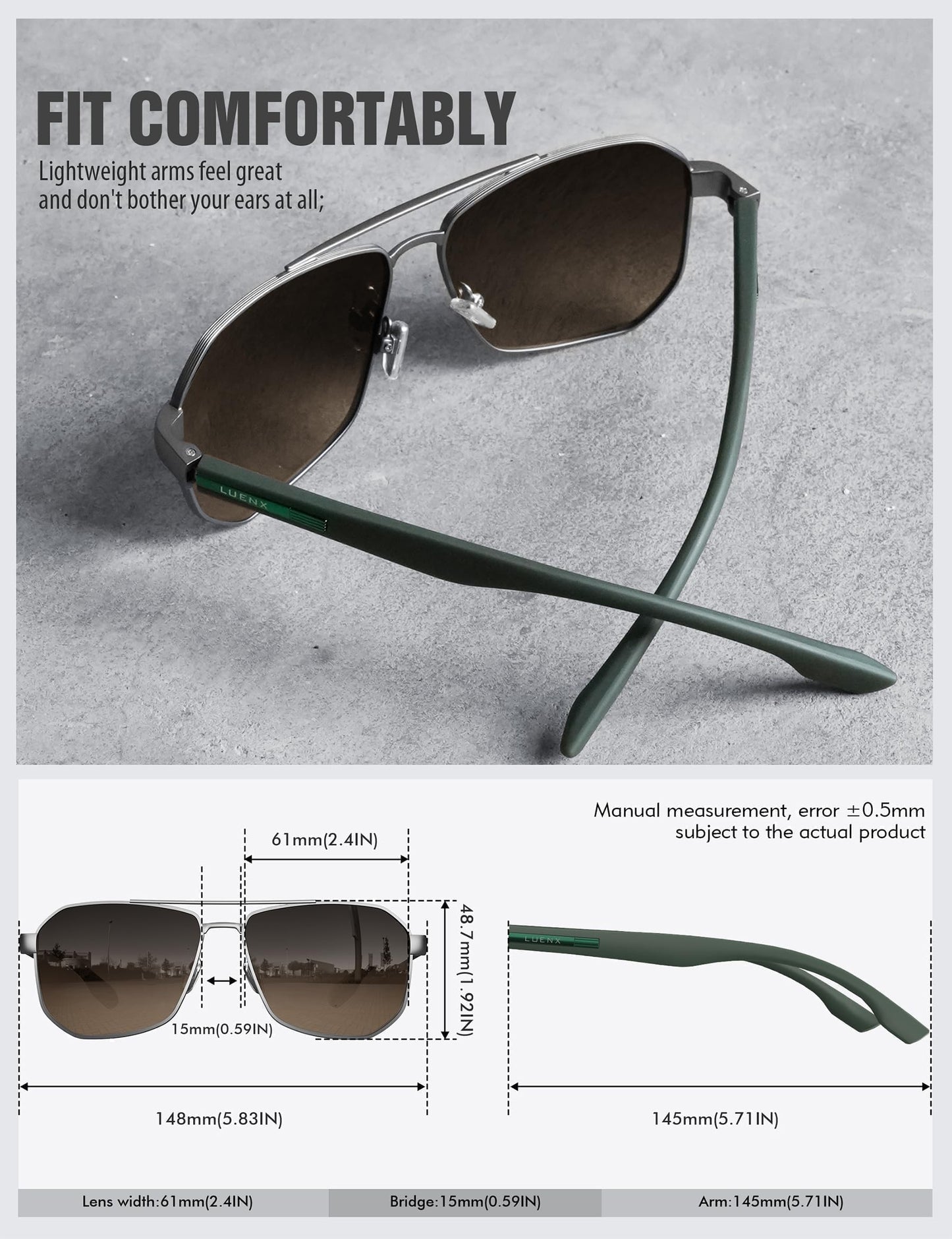 LUENX Aviator Sunglasses for Men Square Polarized Polygon Lens - UV 400 Protection with Accessories Driving Outdoor My Time My Money