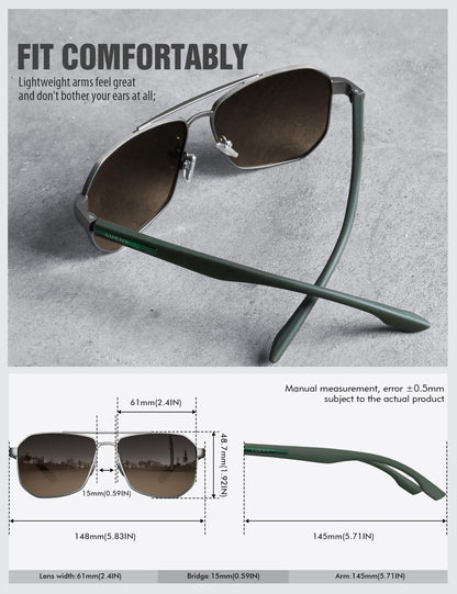 LUENX Aviator Sunglasses for Men Square Polarized Polygon Lens - UV 400 Protection with Accessories Driving Outdoor My Time My Money