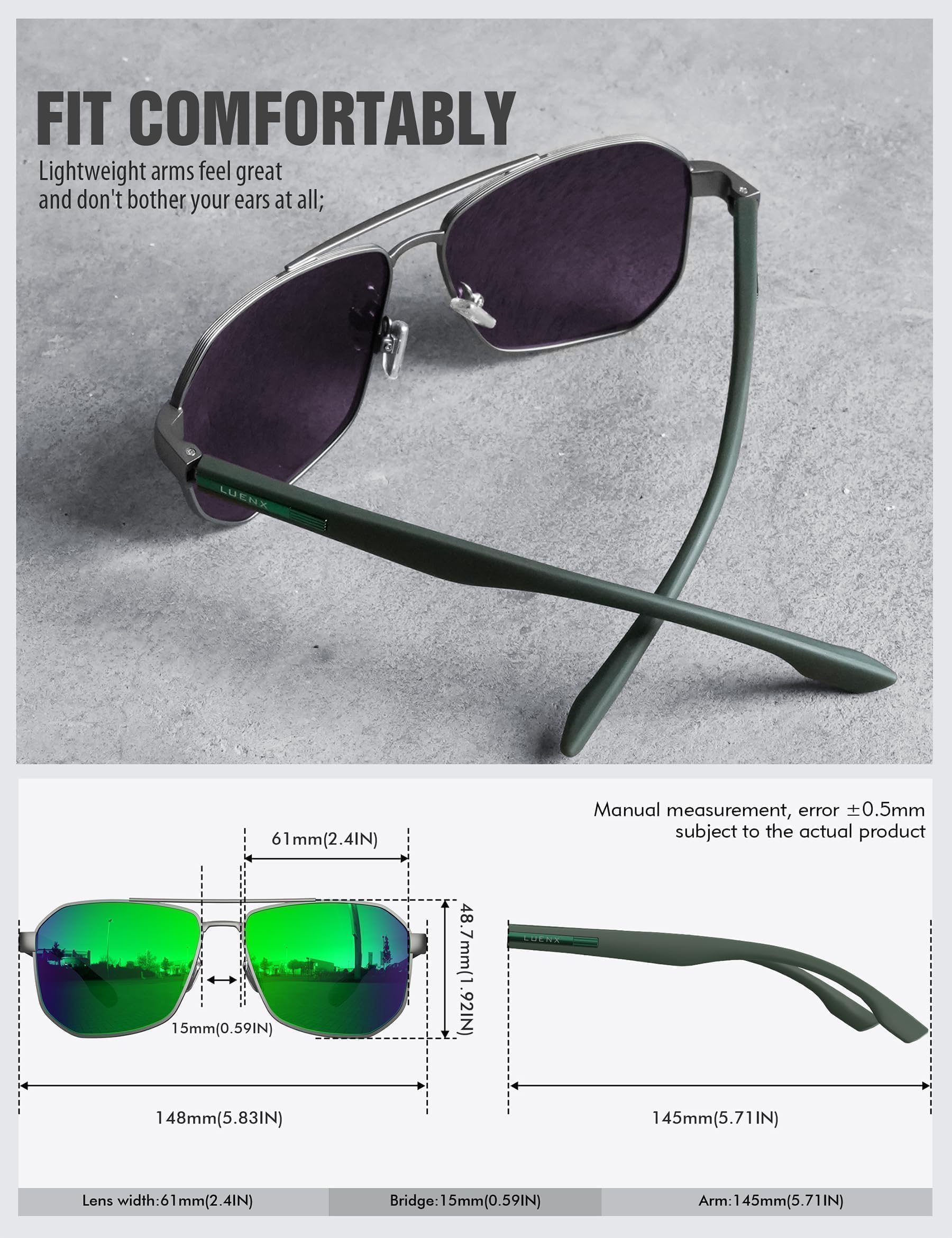 LUENX Aviator Sunglasses for Men Square Polarized Polygon Lens - UV 400 Protection with Accessories Driving Outdoor My Time My Money
