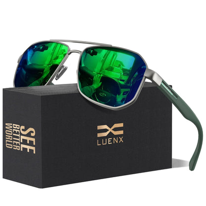 LUENX Aviator Sunglasses for Men Square Polarized Polygon Lens - UV 400 Protection with Accessories Driving Outdoor My Time My Money