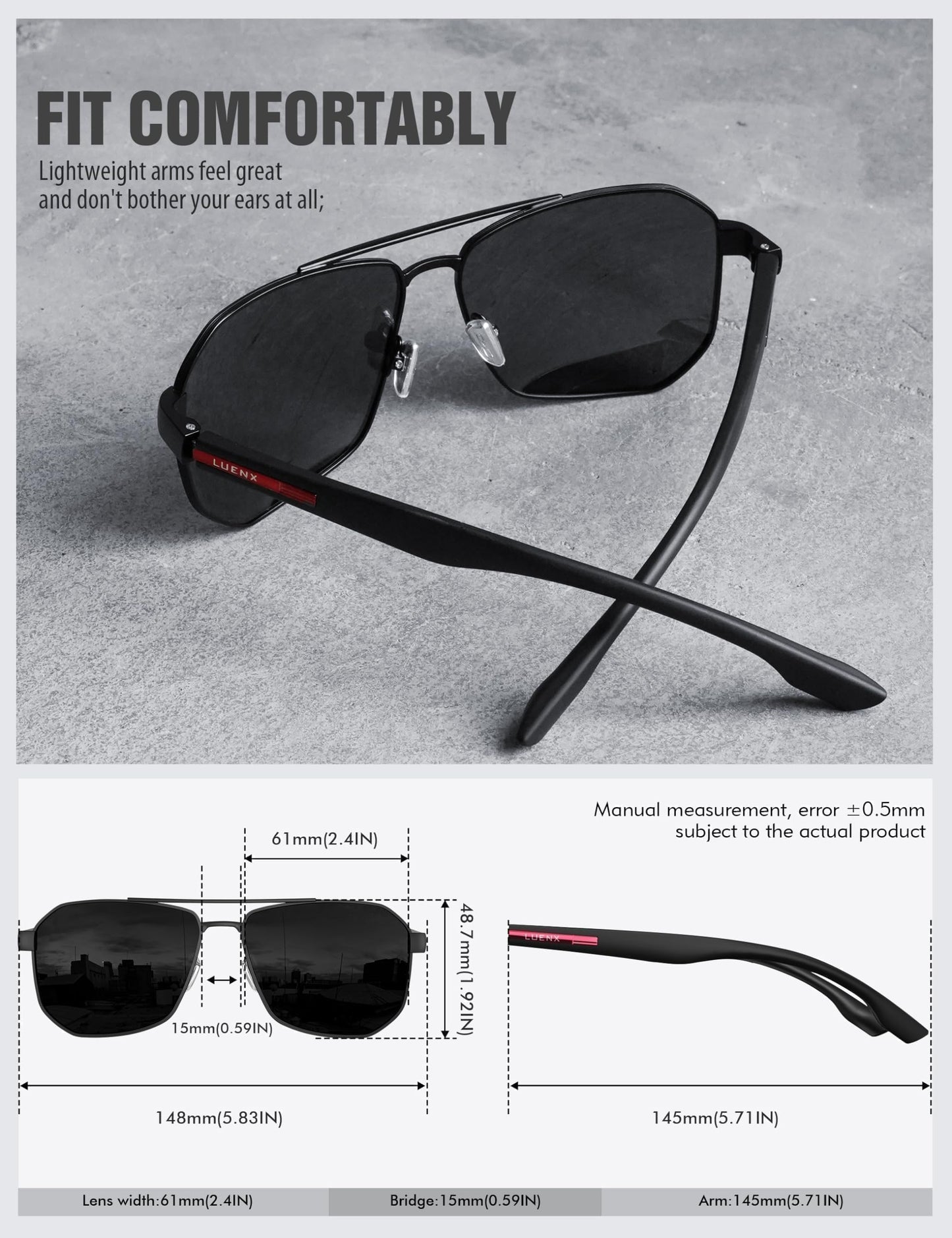 LUENX Aviator Sunglasses for Men Square Polarized Polygon Lens - UV 400 Protection with Accessories Driving Outdoor My Time My Money