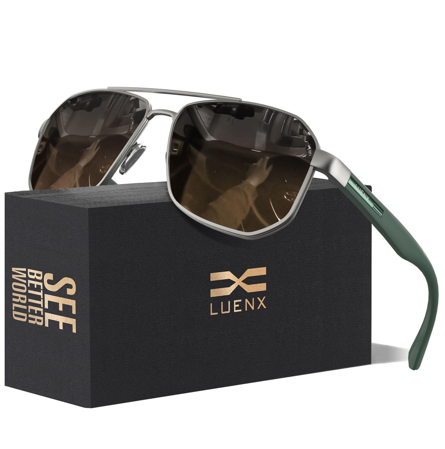 LUENX Aviator Sunglasses for Men Square Polarized Polygon Lens - UV 400 Protection with Accessories Driving Outdoor My Time My Money