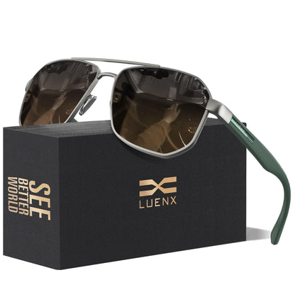 LUENX Aviator Sunglasses for Men Square Polarized Polygon Lens - UV 400 Protection with Accessories Driving Outdoor My Time My Money