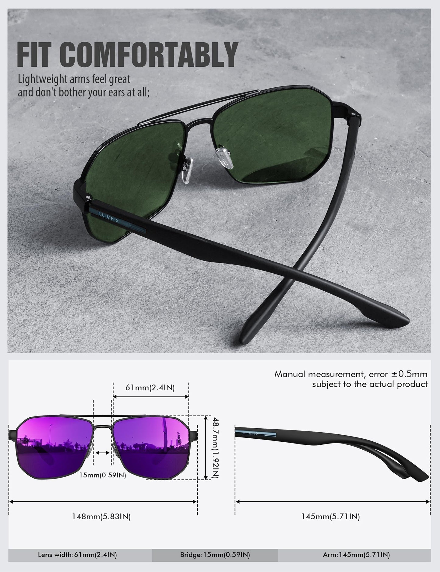 LUENX Aviator Sunglasses for Men Square Polarized Polygon Lens - UV 400 Protection with Accessories Driving Outdoor My Time My Money