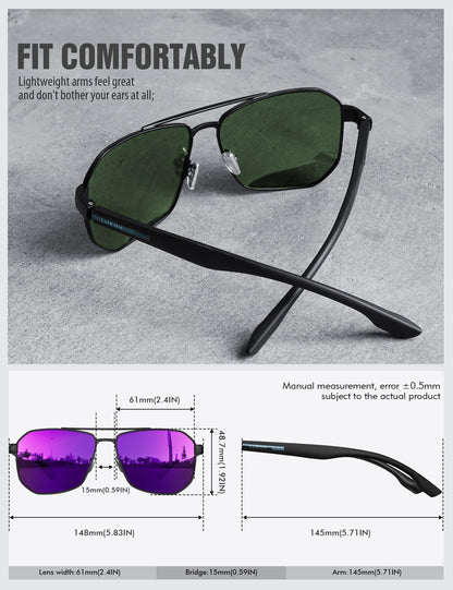 LUENX Aviator Sunglasses for Men Square Polarized Polygon Lens - UV 400 Protection with Accessories Driving Outdoor My Time My Money