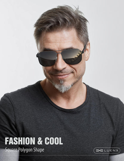LUENX Aviator Sunglasses for Men Square Polarized Polygon Lens - UV 400 Protection with Accessories Driving Outdoor My Time My Money