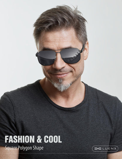 LUENX Aviator Sunglasses for Men Square Polarized Polygon Lens - UV 400 Protection with Accessories Driving Outdoor My Time My Money