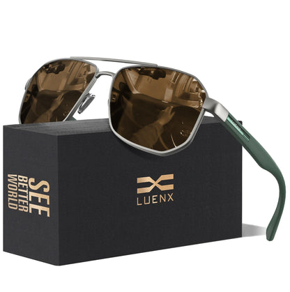 LUENX Aviator Sunglasses for Men Square Polarized Polygon Lens - UV 400 Protection with Accessories Driving Outdoor My Time My Money