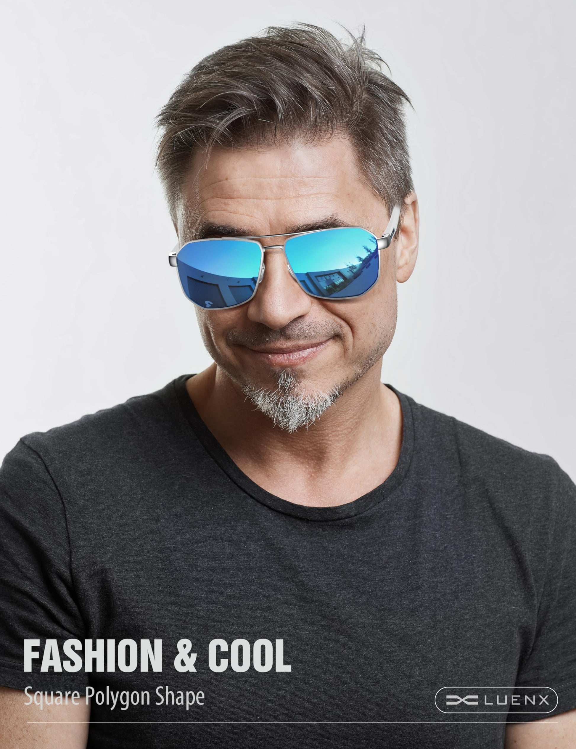 LUENX Aviator Sunglasses for Men Square Polarized Polygon Lens - UV 400 Protection with Accessories Driving Outdoor My Time My Money