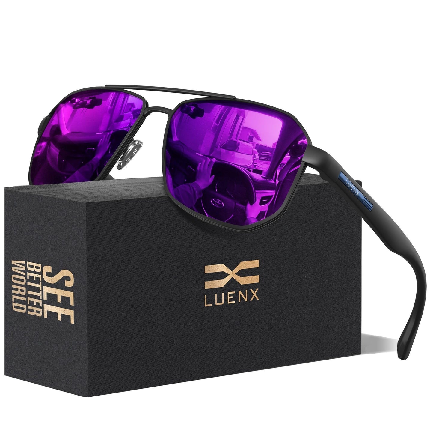LUENX Aviator Sunglasses for Men Square Polarized Polygon Lens - UV 400 Protection with Accessories Driving Outdoor My Time My Money