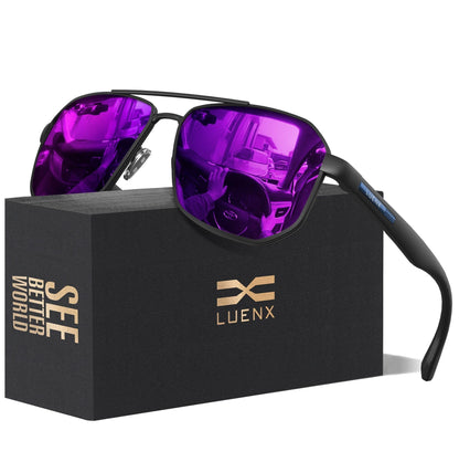 LUENX Aviator Sunglasses for Men Square Polarized Polygon Lens - UV 400 Protection with Accessories Driving Outdoor My Time My Money