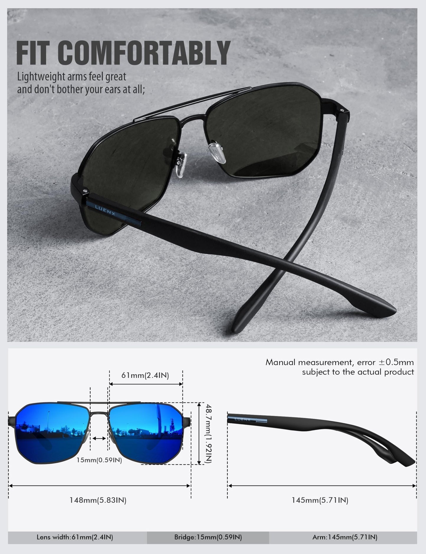 LUENX Aviator Sunglasses for Men Square Polarized Polygon Lens - UV 400 Protection with Accessories Driving Outdoor My Time My Money
