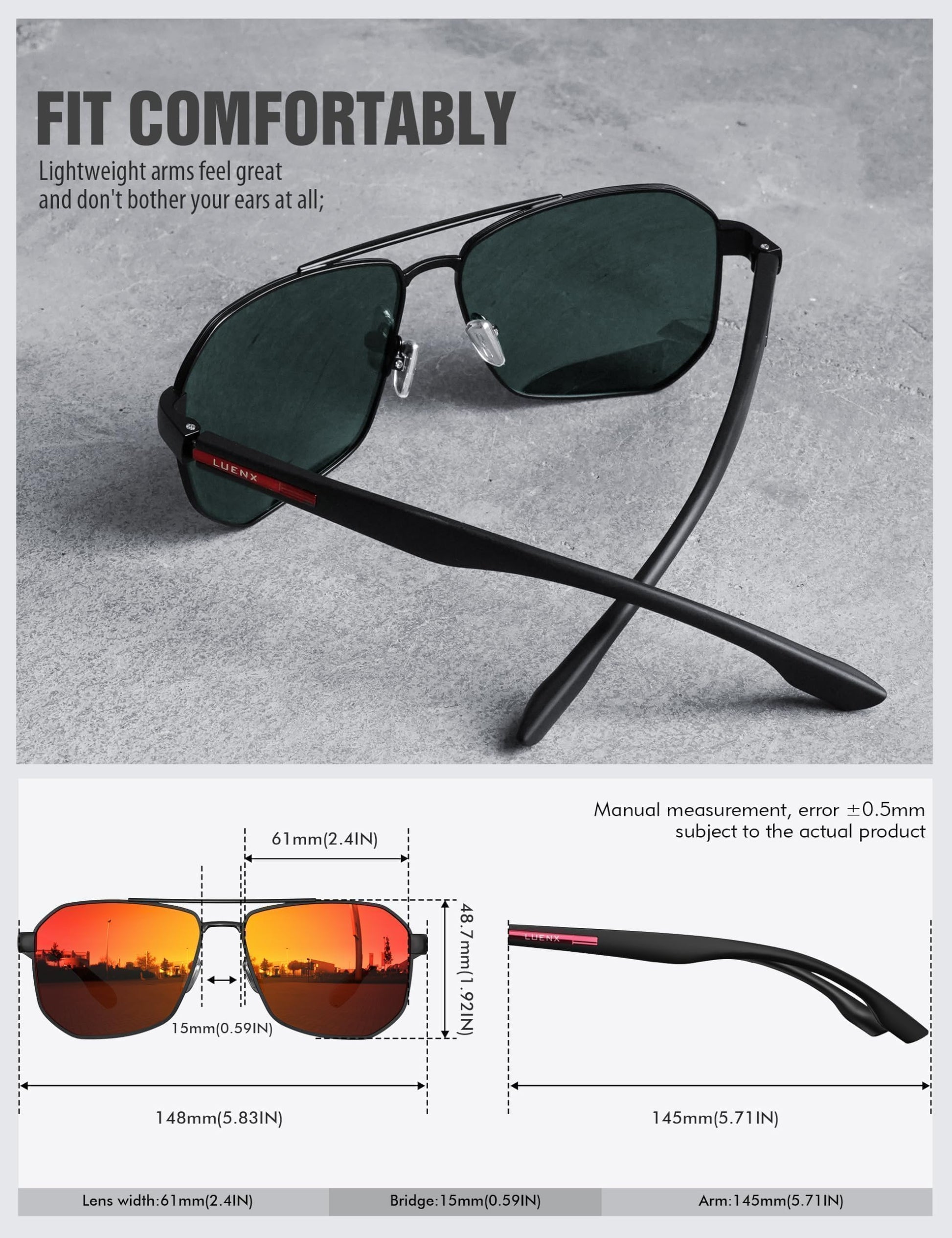 LUENX Aviator Sunglasses for Men Square Polarized Polygon Lens - UV 400 Protection with Accessories Driving Outdoor My Time My Money