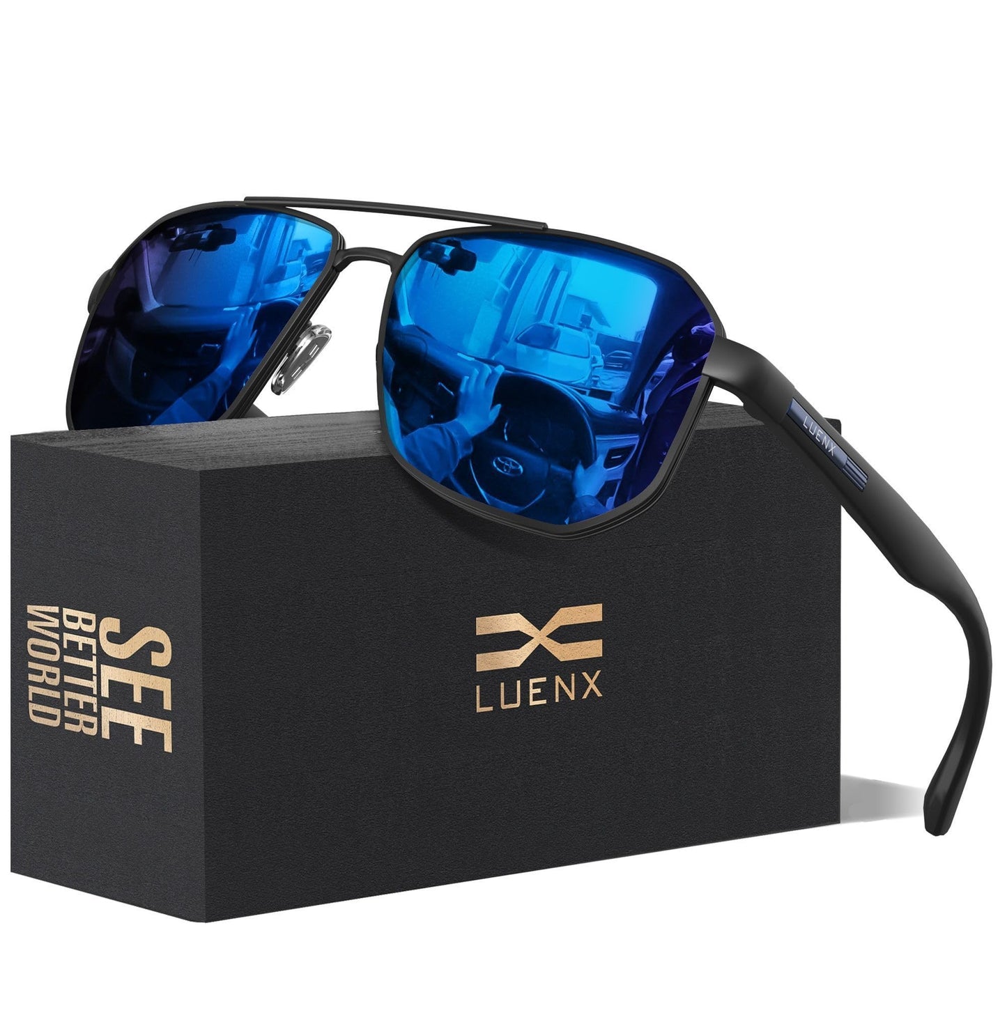 LUENX Aviator Sunglasses for Men Square Polarized Polygon Lens - UV 400 Protection with Accessories Driving Outdoor My Time My Money