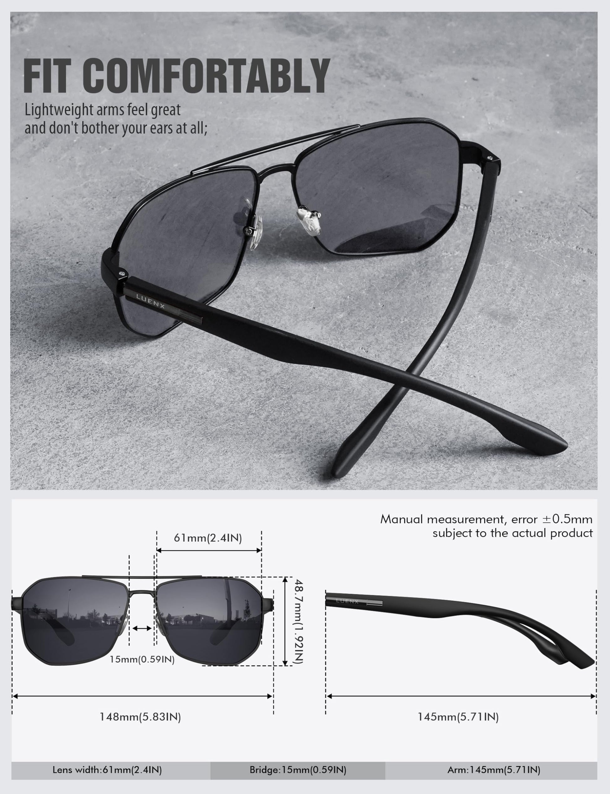 LUENX Aviator Sunglasses for Men Square Polarized Polygon Lens - UV 400 Protection with Accessories Driving Outdoor My Time My Money