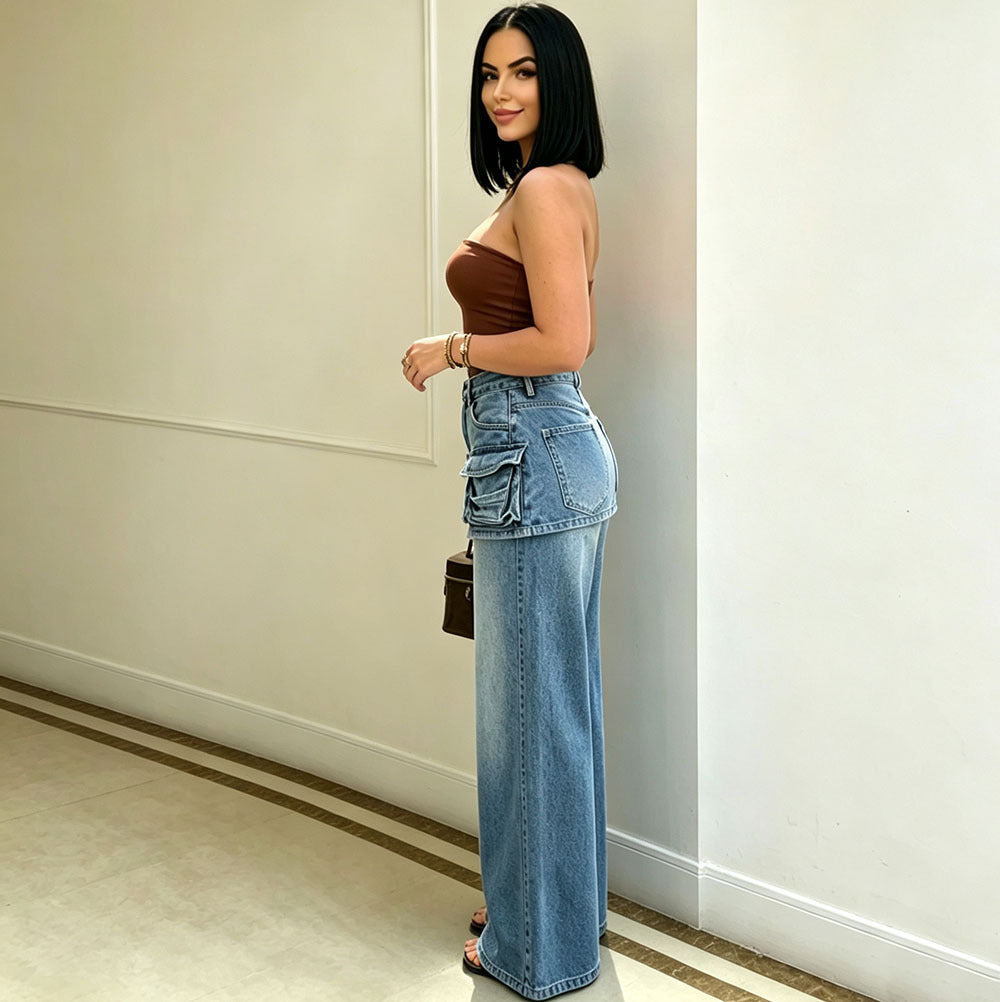 High-Waisted Wide-Leg Jeans for Women, Fashionable Multi-Pocket Faux Two-Piece Pants Skirt eprolo
