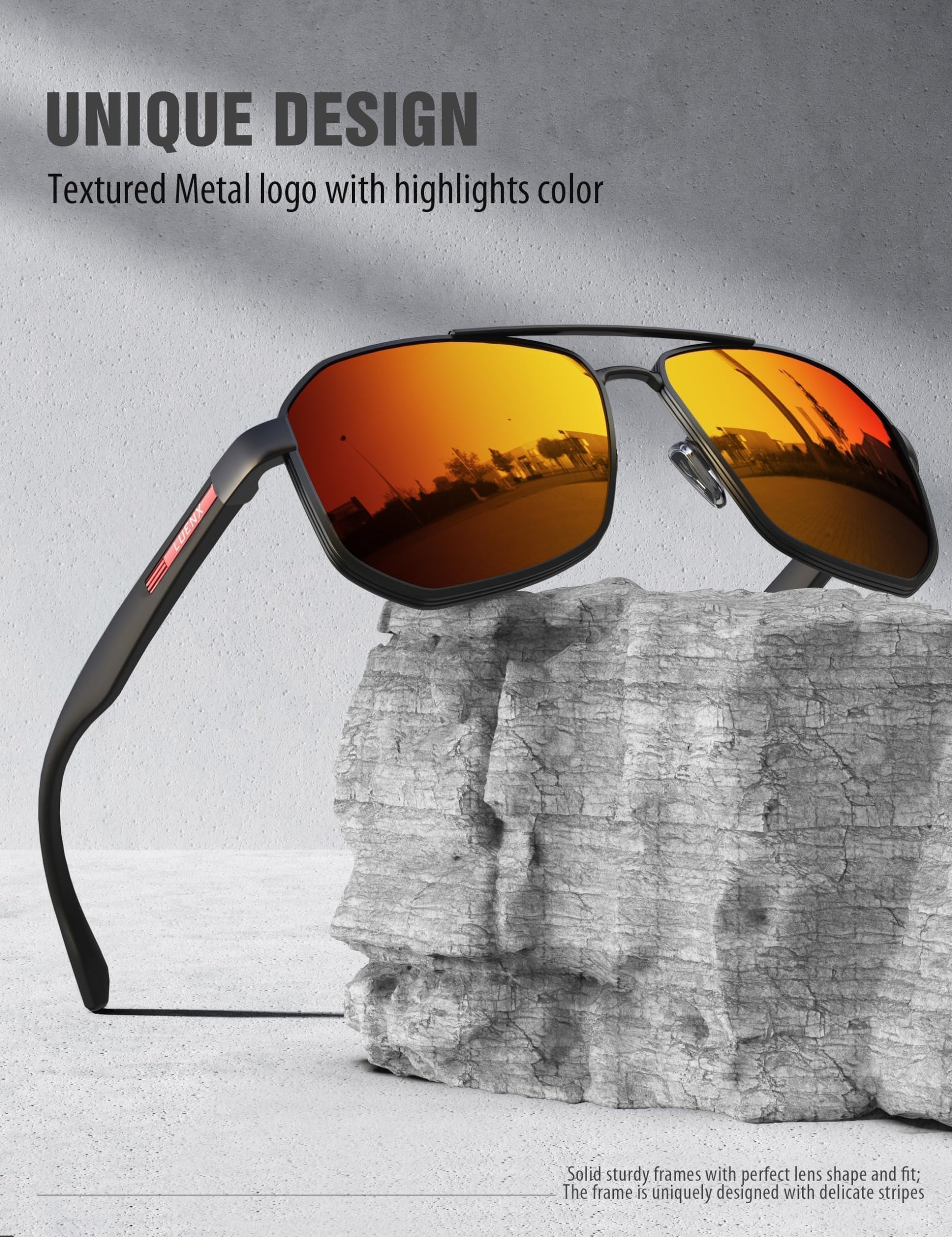 LUENX Aviator Sunglasses for Men Square Polarized Polygon Lens - UV 400 Protection with Accessories Driving Outdoor My Time My Money