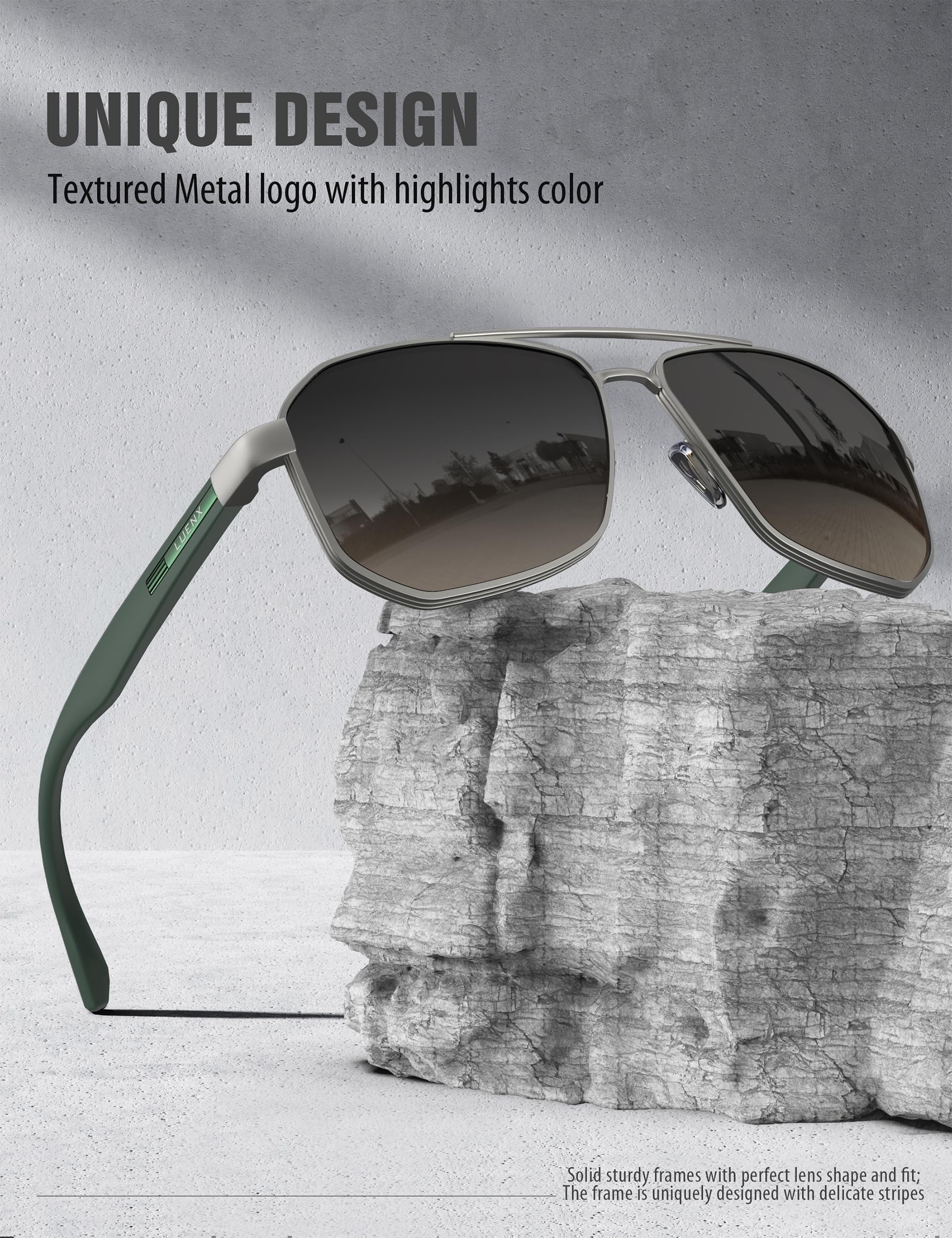 LUENX Aviator Sunglasses for Men Square Polarized Polygon Lens - UV 400 Protection with Accessories Driving Outdoor My Time My Money