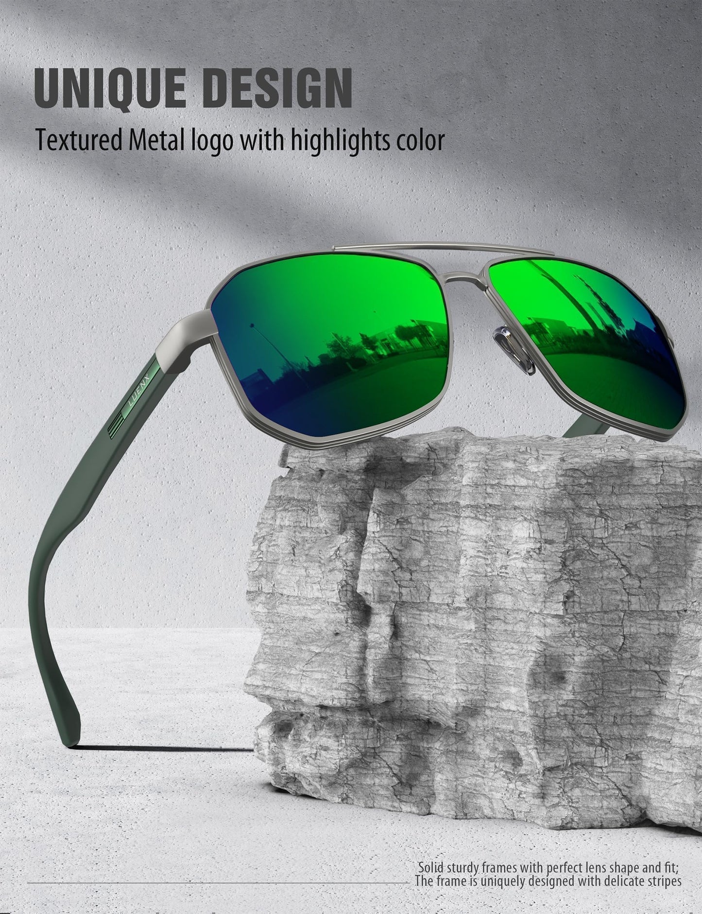LUENX Aviator Sunglasses for Men Square Polarized Polygon Lens - UV 400 Protection with Accessories Driving Outdoor My Time My Money