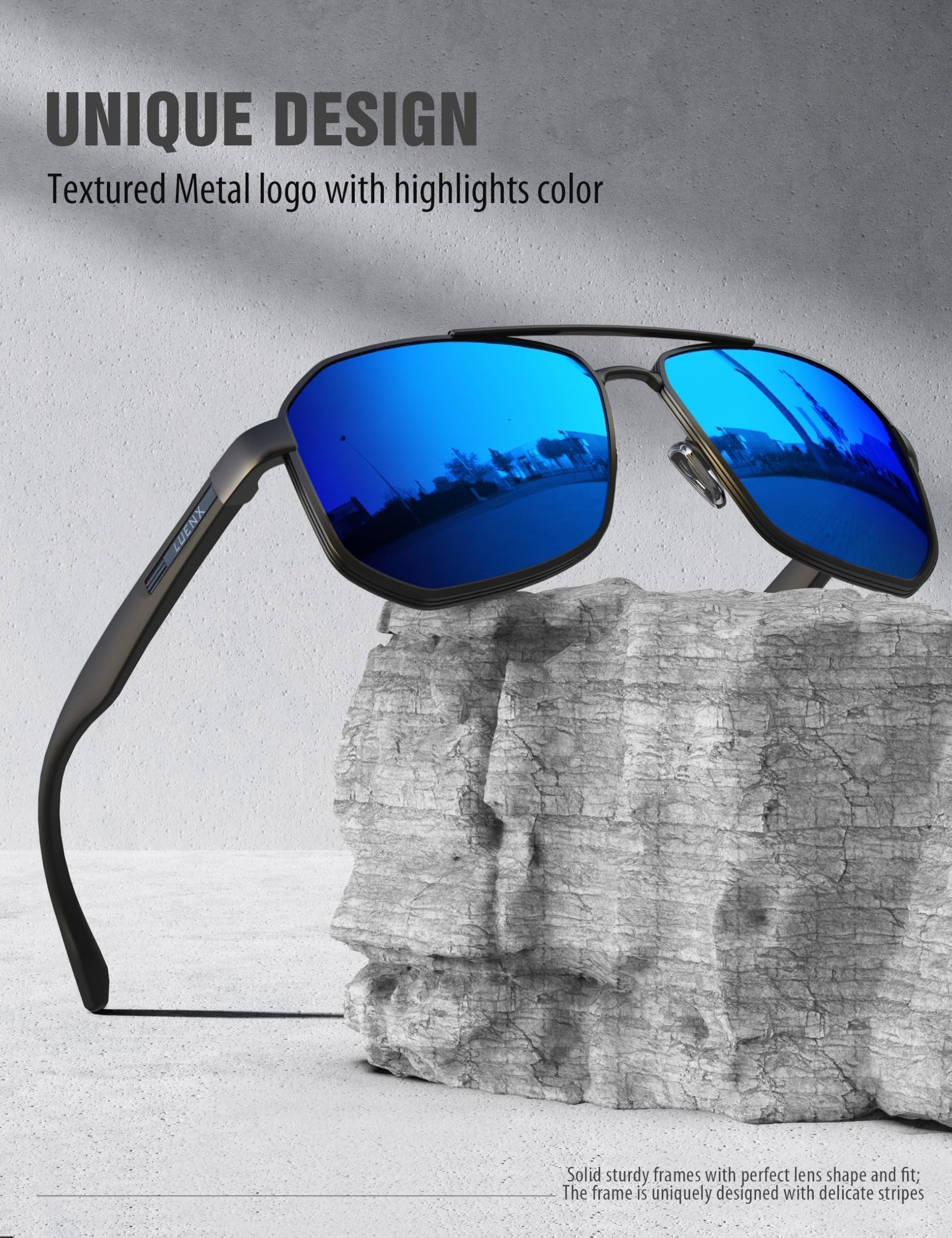 LUENX Aviator Sunglasses for Men Square Polarized Polygon Lens - UV 400 Protection with Accessories Driving Outdoor My Time My Money