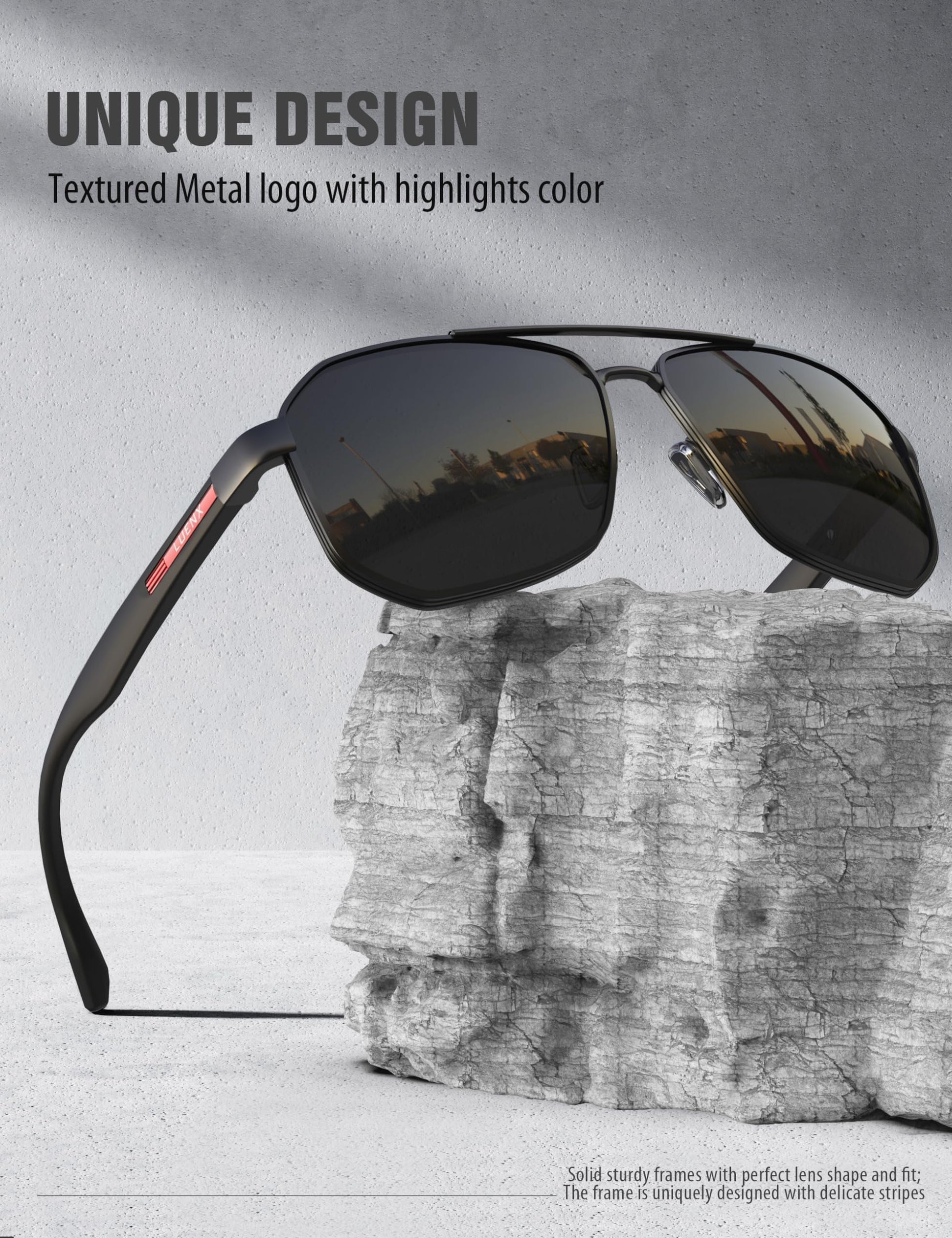LUENX Aviator Sunglasses for Men Square Polarized Polygon Lens - UV 400 Protection with Accessories Driving Outdoor My Time My Money