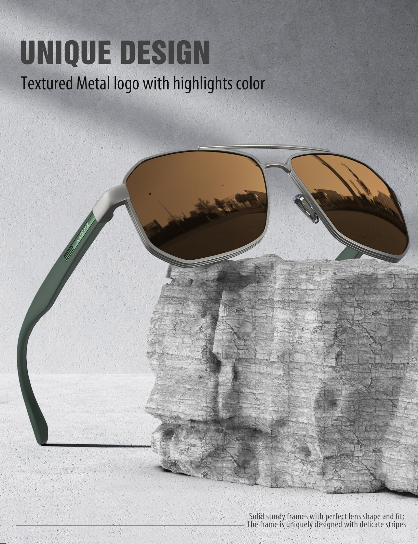LUENX Aviator Sunglasses for Men Square Polarized Polygon Lens - UV 400 Protection with Accessories Driving Outdoor My Time My Money