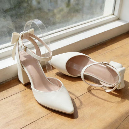 Women's off-white bow chunky heel pointed toe sandals for spring and summer eprolo
