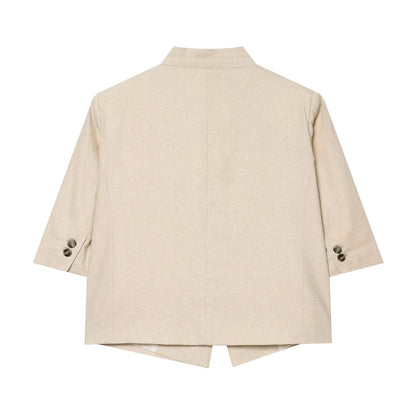 Stand collar linen blend short sleeved suit jacket eprolo