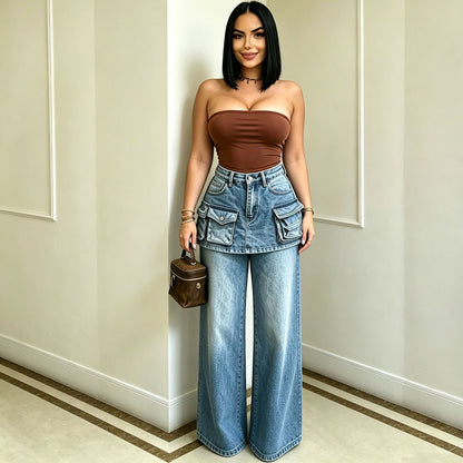 High-Waisted Wide-Leg Jeans for Women, Fashionable Multi-Pocket Faux Two-Piece Pants Skirt eprolo
