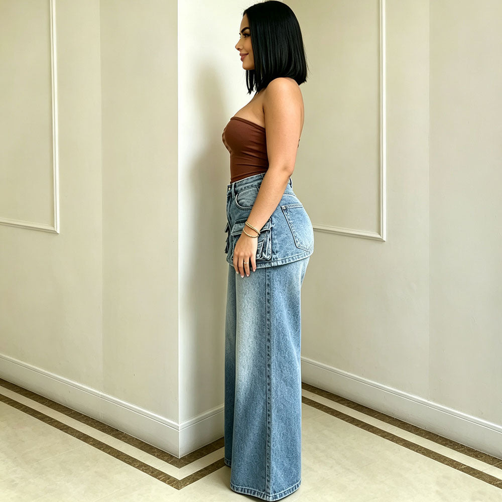 High-Waisted Wide-Leg Jeans for Women, Fashionable Multi-Pocket Faux Two-Piece Pants Skirt eprolo