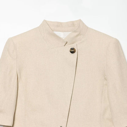 Stand collar linen blend short sleeved suit jacket eprolo