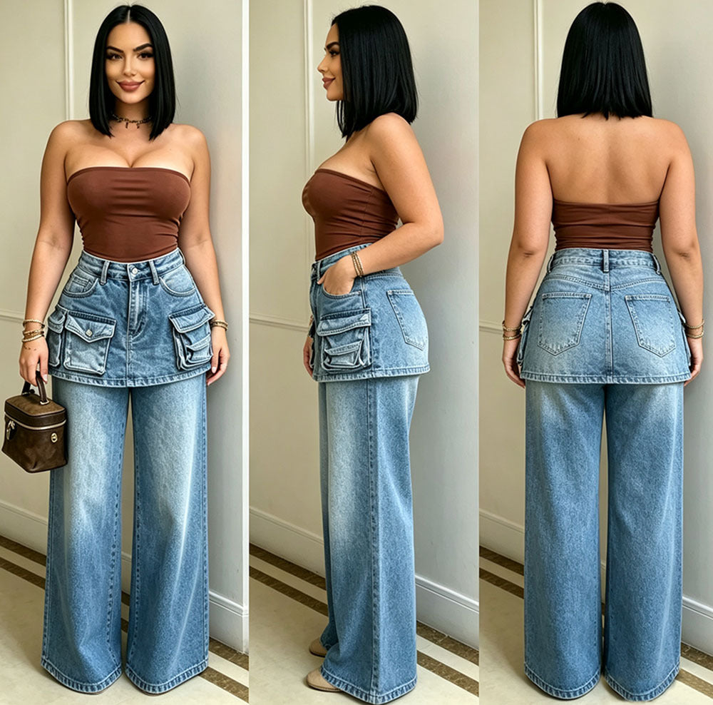High-Waisted Wide-Leg Jeans for Women, Fashionable Multi-Pocket Faux Two-Piece Pants Skirt eprolo